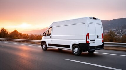 Obraz premium White van driving on highway at sunset with rolling hills