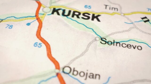 Smooth sliding shot across road map showing route from Belgorod to Kursk,Russia