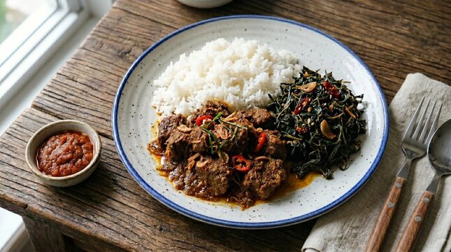 Authentic Nasi Padang beef rendang with fluffy rice, savory braised cassava leaves or daun ubi, and a side of red chili sambal on a rustic wooden table with utensils and napkin.