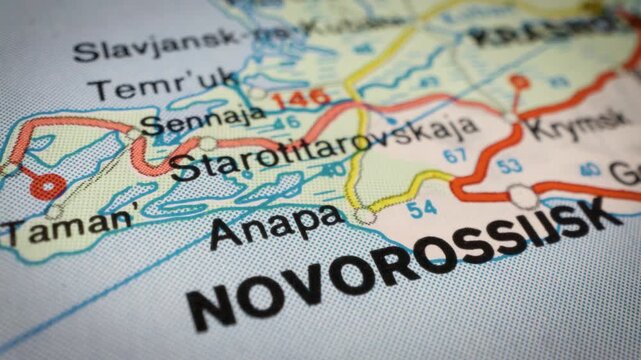 Sliding camera movement over road map from Kerch to Novorossiysk