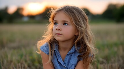Naklejka premium A young girl stands in a sunlit field at dusk looking thoughtfully toward the glowing horizon