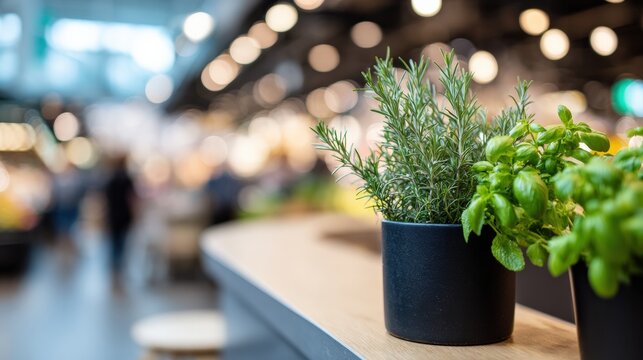 Potted rosemary and basil on counter in blurred market hall