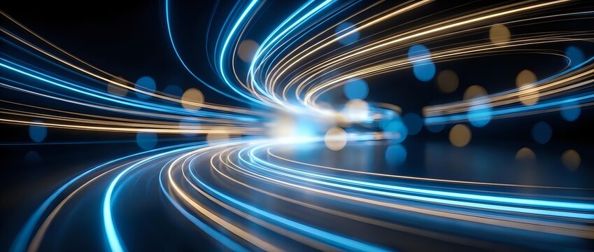 Dynamic light trails creating swirling motion patterns with blue and orange glowing streaks on dark background for technology and speed concepts.