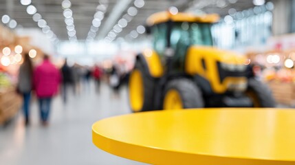 Fototapeta premium Yellow round table positioned in busy trade show hall indoor