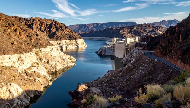 A serene landscape of a dam on a river surrounded by mountains