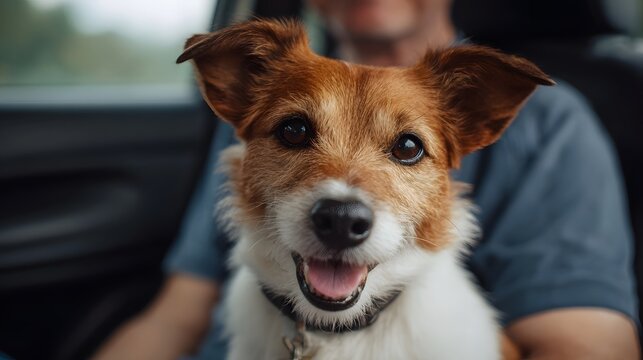 Joyful close up portrait of a friendly dog enjoying a scenic journey inside a vehicle with its human companion