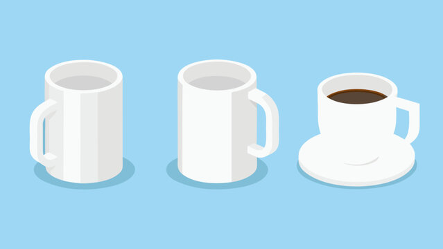 Isometric view of three white mugs two empty and one filled