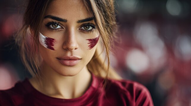 Euphoric woman in a football stadium with her face painted with the colors of the Qatari flag, cheering and supporting her team.