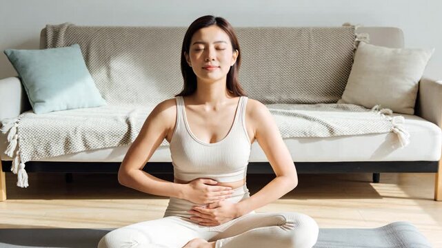 Young Asian woman practicing diaphragmatic breathing meditation at home in lotus pose, mindfulness and wellness for stress relief and inner calm
