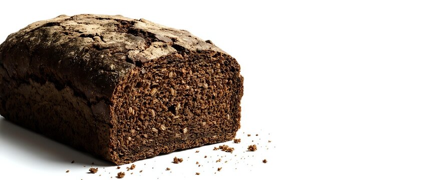 Dark rye bread loaf with dense texture and seeds, sliced to show interior crumb structure, isolated on white background for food photography and design.