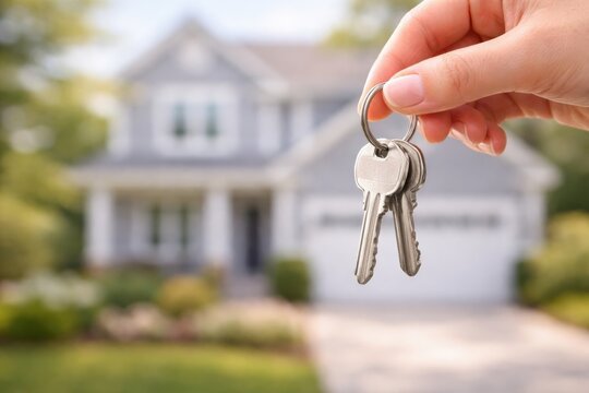 Person holding bunch of metal keys in front of blurred modern suburban family house home.