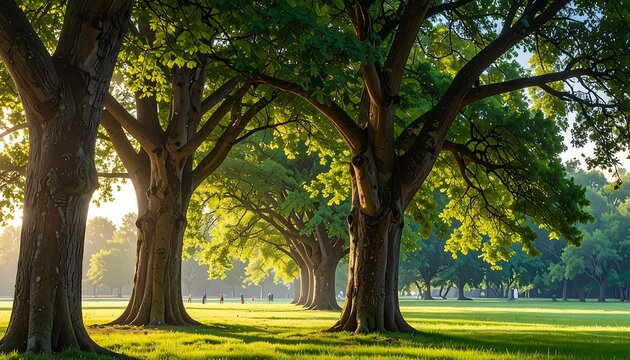 A serene landscape of trees lining a grassy field at sunrise