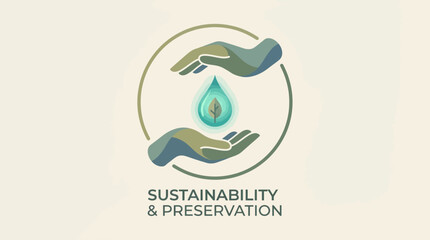 Obraz premium Sustainability and Preservation Symbol: Conceptual graphic conveying the essence of sustainability and preservation, showcasing hands cradling a droplet and a leaf within.