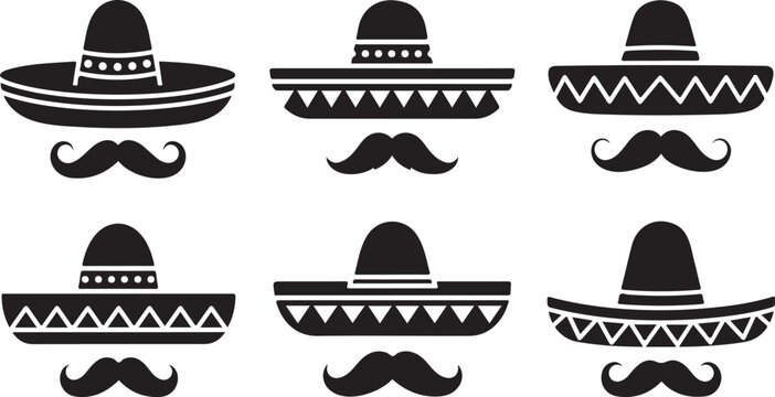 A striking black silhouette depicts a traditional mexican sombrero and mustache evoking cultural imagery silhouette high quality professional.Traditional mexican sombrero and mustache evoking vector