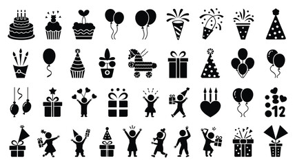 Obraz premium Set of 40 Black Birthday Party Celebration Icons Vector