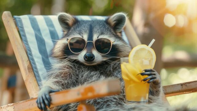 A raccoon sitting in a chair with a drink, a curious and relaxed scene