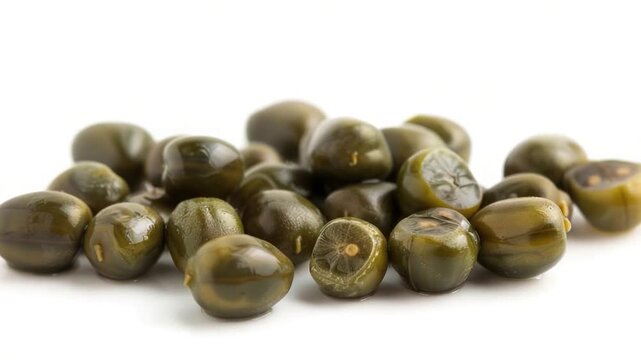 A collection of green olives arranged on a clean white background