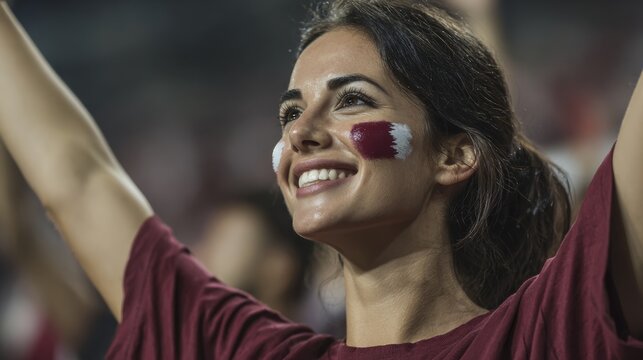 Euphoric woman in a football stadium with her face painted with the colors of the Qatari flag, cheering and supporting her team.