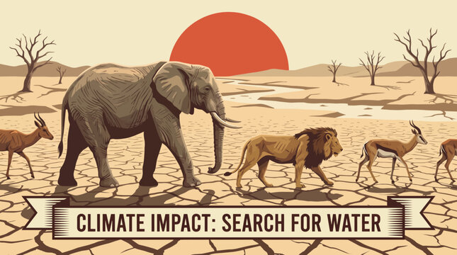Climate Impact: Search for Water: A poignant depiction of animals, including an elephant and lion, enduring the hardships of a severe drought, vividly illustrating the impact of climate change.