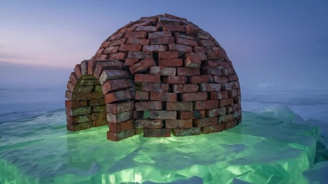 Red Brick Igloo on Glowing Green Ice in Frozen Twilight Landscape Pan 4K