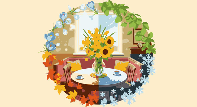 Cozy interior nook with seasonal floral and leaf decor, round table