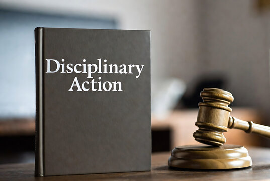 A book titled &ldquo;Disciplinary Action&rdquo; rests beside a gavel, suggesting an investigation or legal proceeding. The setting is a courtroom or office environment.