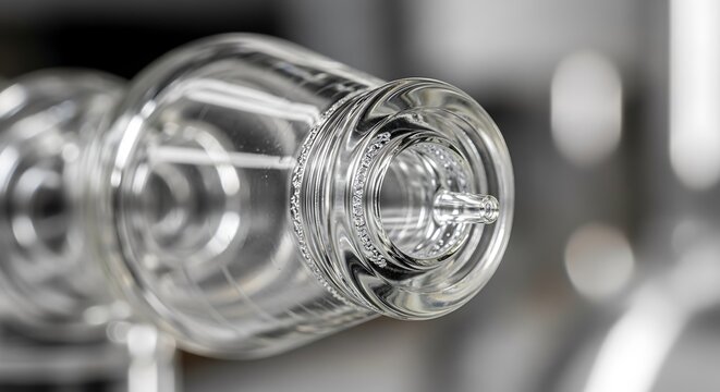 Clear plastic preform bottle neck detail in manufacturing plant.