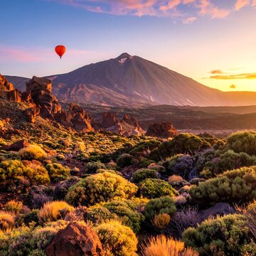 A serene landscape with a hot air balloon over a mountain