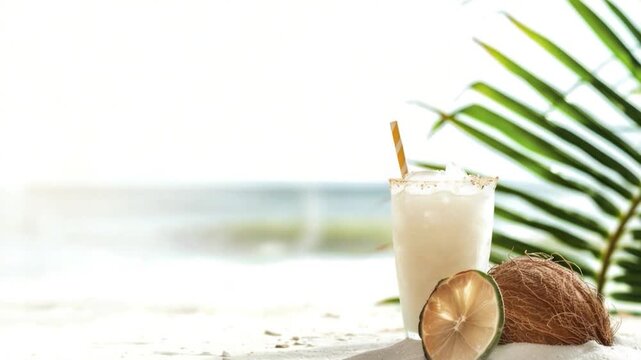 A glass of coconut milk sits next to a coconut on a sunny beach, perfect for a refreshing snack or as a prop in tropical-themed hoots