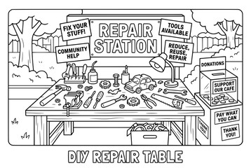 Fototapeta premium DIY Repair Table Surrounded by Tools and Station Signs.