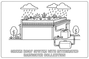 Naklejka premium Green Roof System With Integrated Rainwater Harvester Illustration.