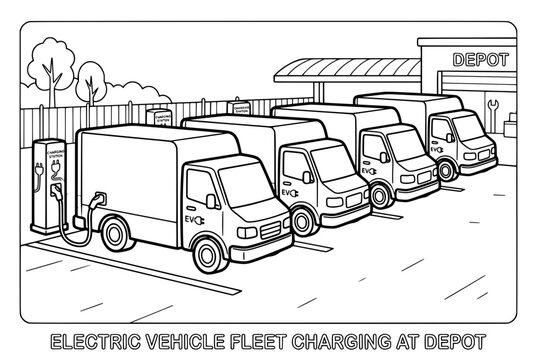 Electric Delivery Van lineup at charging station.
