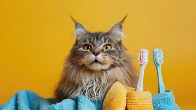 A curious cat sits in a towel holding a toothbrush, getting ready for its own dental hygiene routine