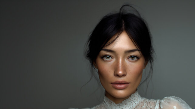 central asian woman with refined fashion aesthetics and natural skin texture, high fashion editorial beauty portrait of a young elegant model in soft studio lighting