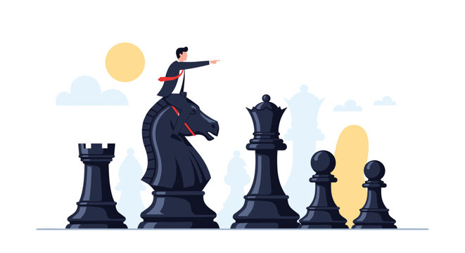 Strategic businessman rides a giant knight chess piece while pointing forward to lead other pieces in a game representing corporate leadership.