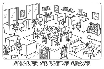 Naklejka premium Modern Shared Creative Office Space with Furniture and Decor.