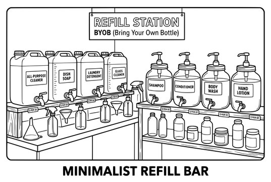 Minimalist Refill Station with Various Sustainable Cleaning Products.