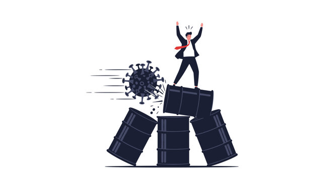 Businessman stands atop stack of oil barrels while raising arms as large coronavirus cell threatens industry, depicting energy market crisis.