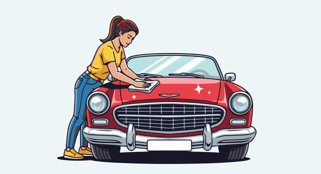 Woman polishing a classic red automobile with a cloth