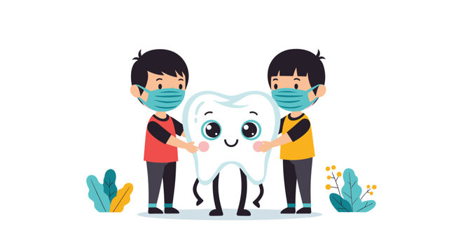 Two cute boys wearing medical face masks carefully hold a giant smiling cartoon tooth to promote children dental health and hygiene awareness.