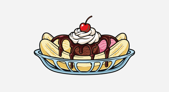 A colorful cartoon banana split with chocolate sauce and cherry