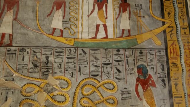 KV16 royal tomb of Ramesses I, Valley of the Kings, Luxor, Egypt, depicting processions of gods, mummiform figures and hieroglyphics on grey and golden walls.