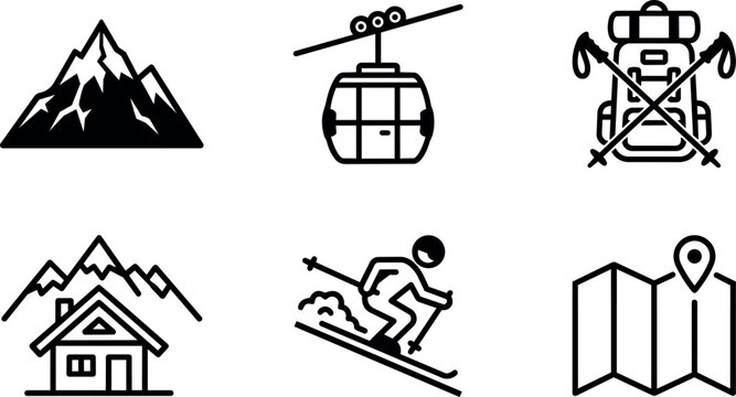 Black and white ski resort mountain cabin skier cable car map icons