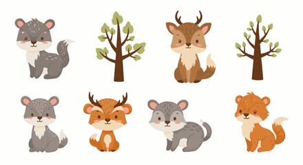 Fototapeta premium Cute cartoon forest animals and trees on a white background