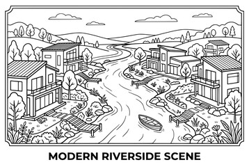 Naklejka premium Modern riverside houses and boat scene drawing of a beautiful landscape.