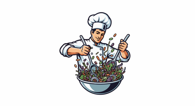 Cartoon chef tossing salad with two spoons in a metal bowl