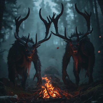 Two monstrous forest demons Bies and Czart with massive antlers standing over a campfire, dark Slavic mythology, cinematic horror.