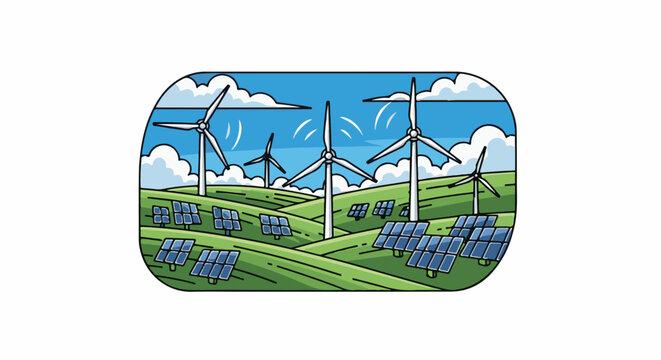 Rolling green hills with wind turbines and solar panels under a cloudy blue sky