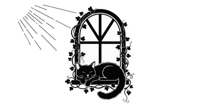 A black cat naps peacefully on a windowsill, entwined with ivy, bathed in sunlight