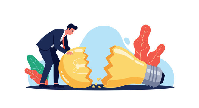 Businessman looks down in disappointment at large broken light bulb on ground, representing failed ideas and setbacks in innovation process.